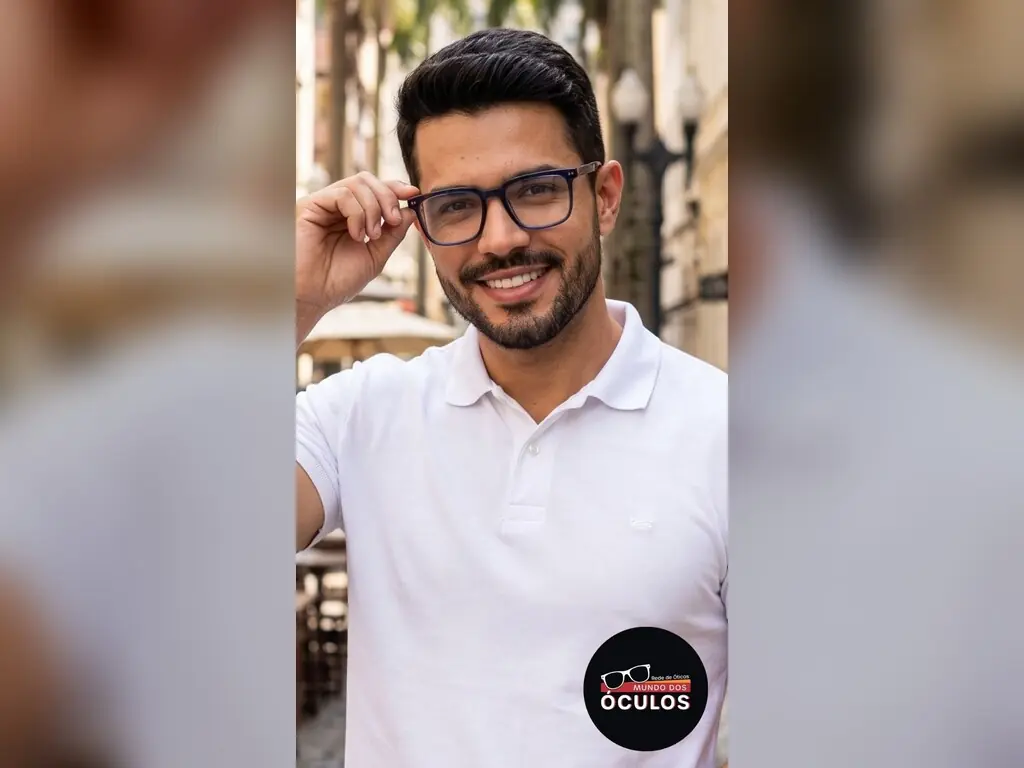 Homem de camisa polo branca ajustando a haste do próprio óculos
