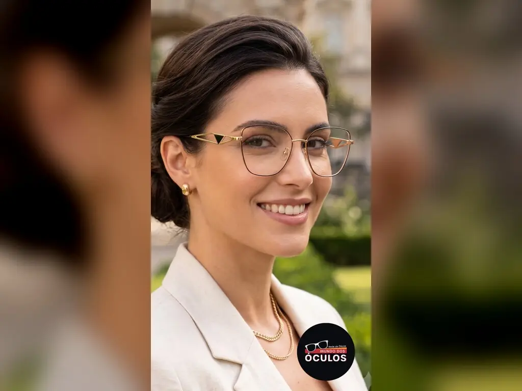 Mulher de cabelo curto sorrindo, de óculos com armação metálica dourada
