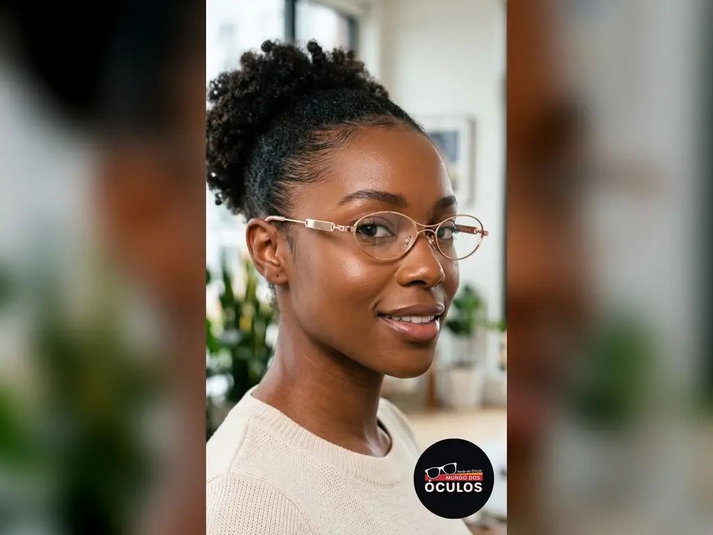 Mulher sorrindo, de óculos com armação metálica fina dourada
