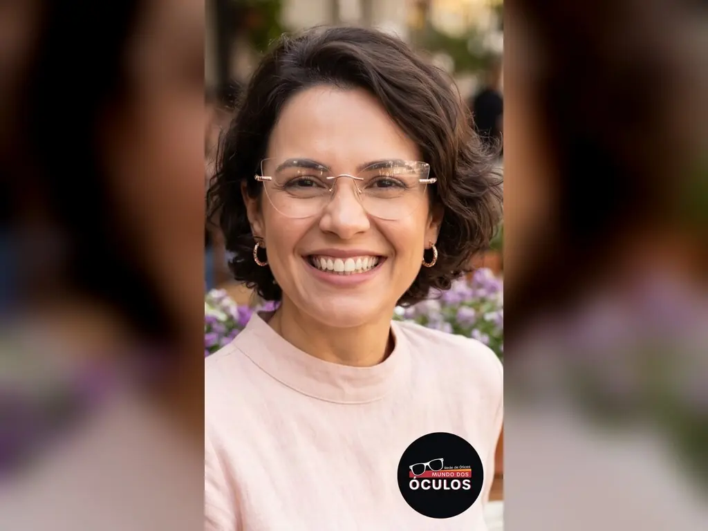 Mulher sorrindo ao ar livre, de óculos com armação fina e lente sem reflexo aparente