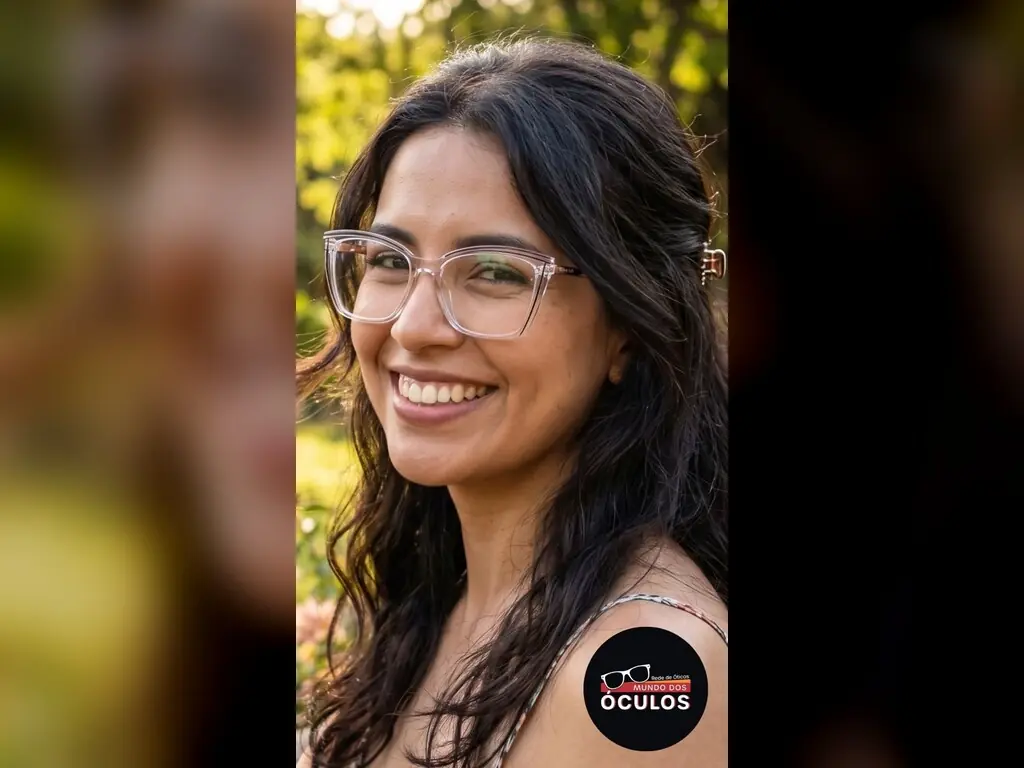 Mulher de cabelo ondulado ao sol, de óculos com armação transparente