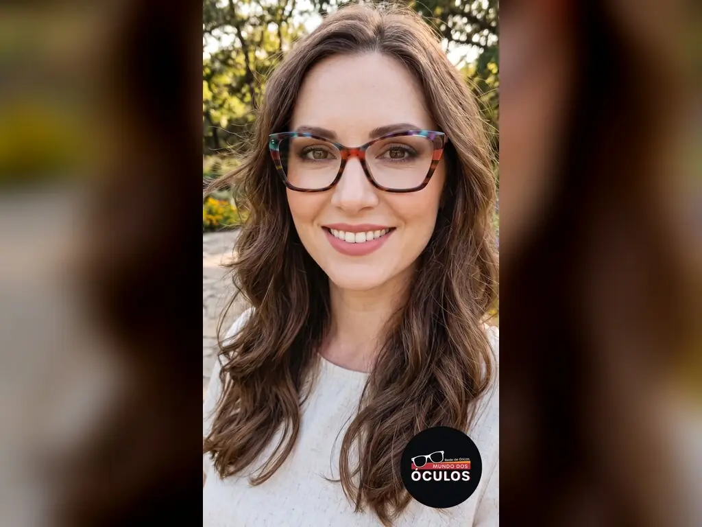 Mulher de cabelo castanho longo, de óculos com armação grossa avermelhada