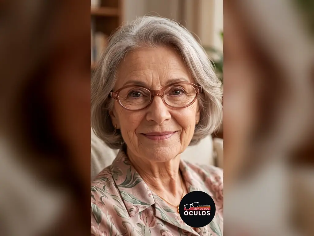 Senhora de cabelo grisalho, de óculos com armação arredondada clara