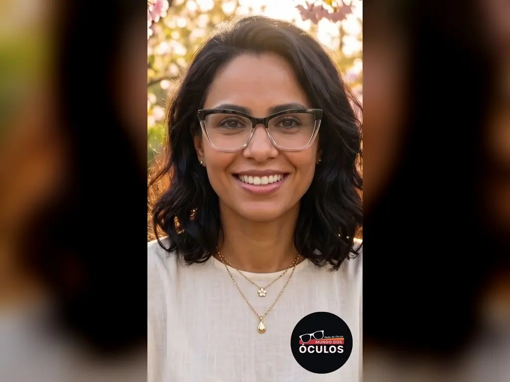 Mulher sorrindo, de óculos com armação grossa escura