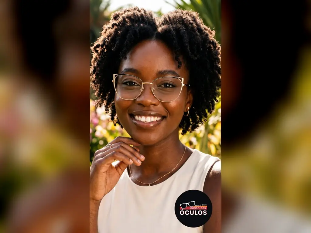 Mulher de cabelo cacheado sorrindo, de óculos com armação metálica fina