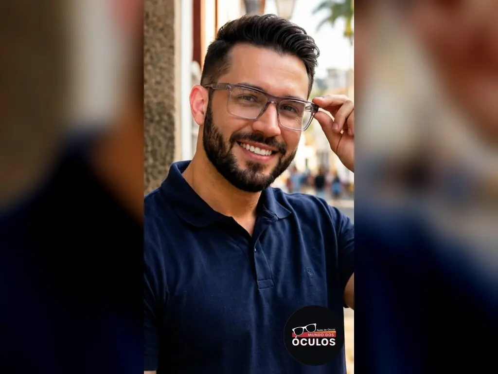 Homem de camisa polo azul ajustando os óculos com a mão