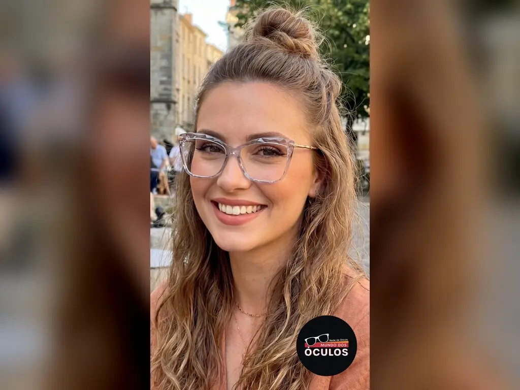 Mulher de cabelo preso na rua, de óculos com armação clara