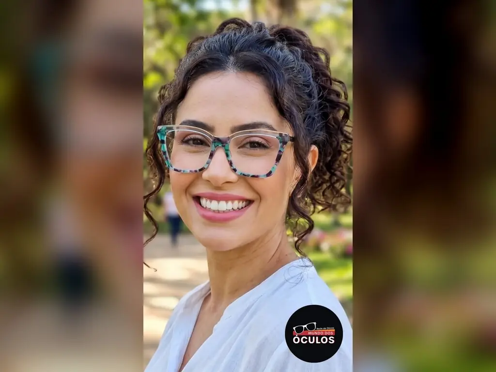 Mulher de cabelo cacheado preso, de óculos com armação estampada